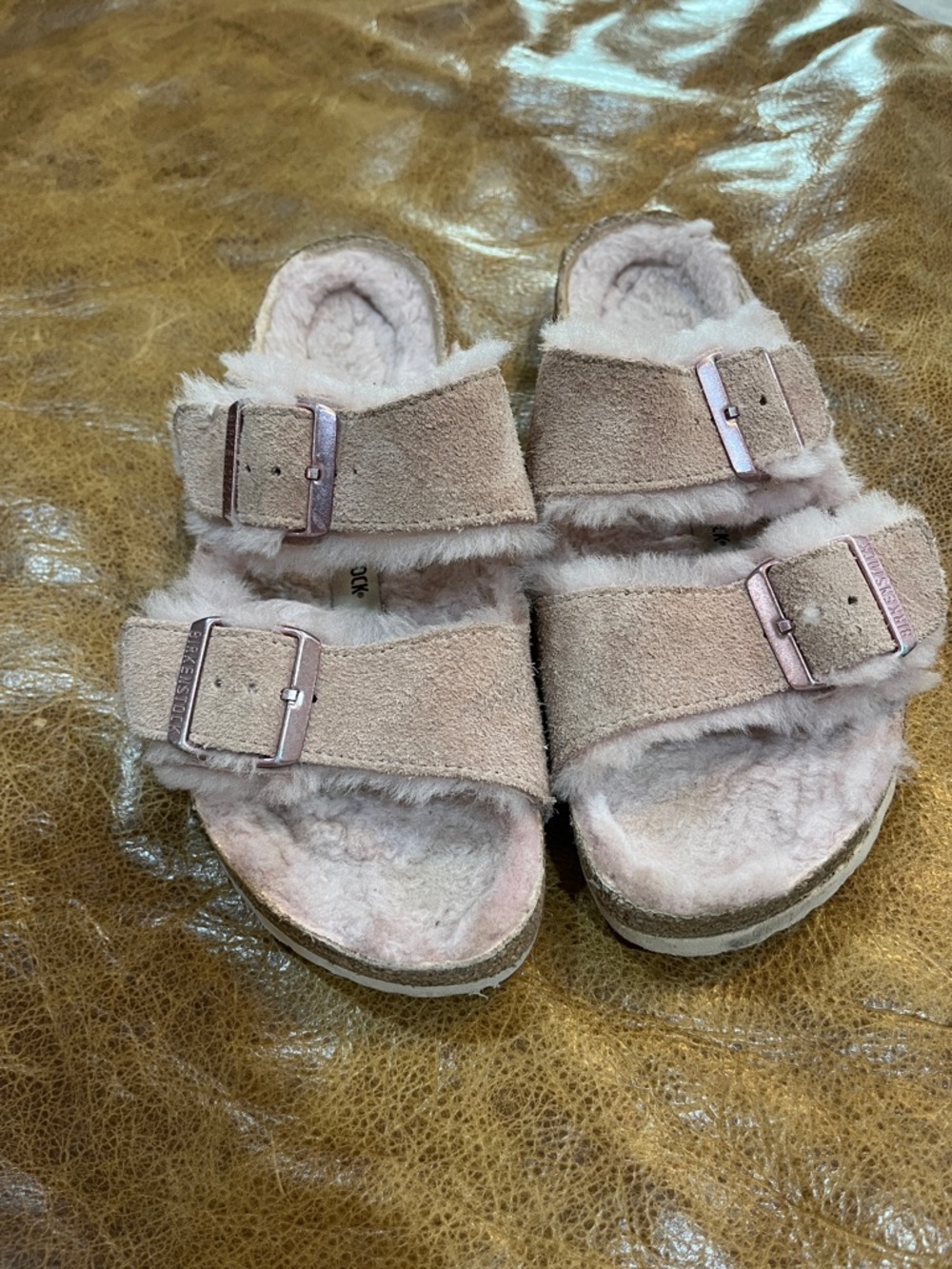 Birkenstocks Faux Shearling Double Buckle Slide Sandals - Light Rose